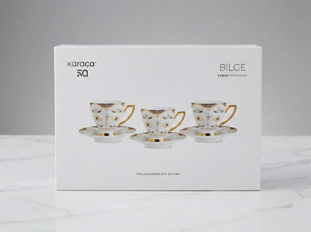 Karaca Bilge Turkish Coffee Cup set packaging featuring elegant cups and saucers with gold accents.