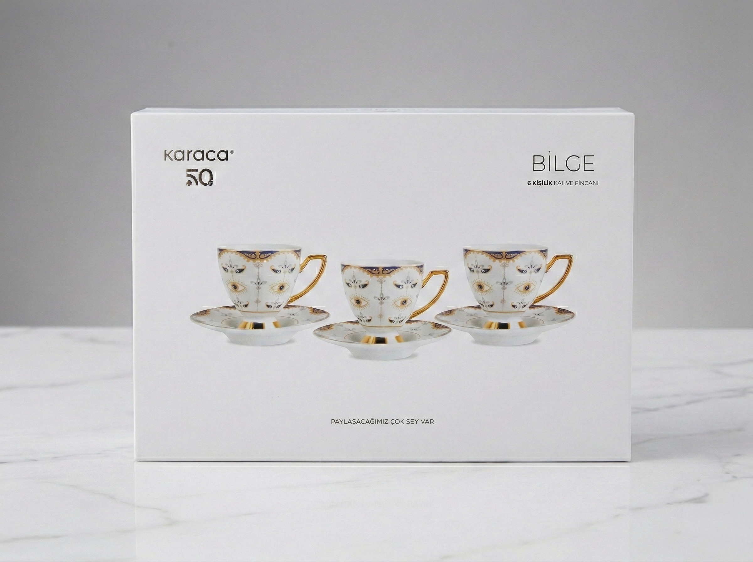 Karaca Bilge Turkish Coffee Cup set packaging featuring elegant cups and saucers with gold accents.