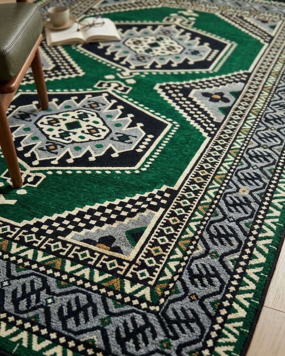 Turkish Kilim Rug featuring intricate Green Palace pattern with emerald green and grey accents, enhancing any living space.