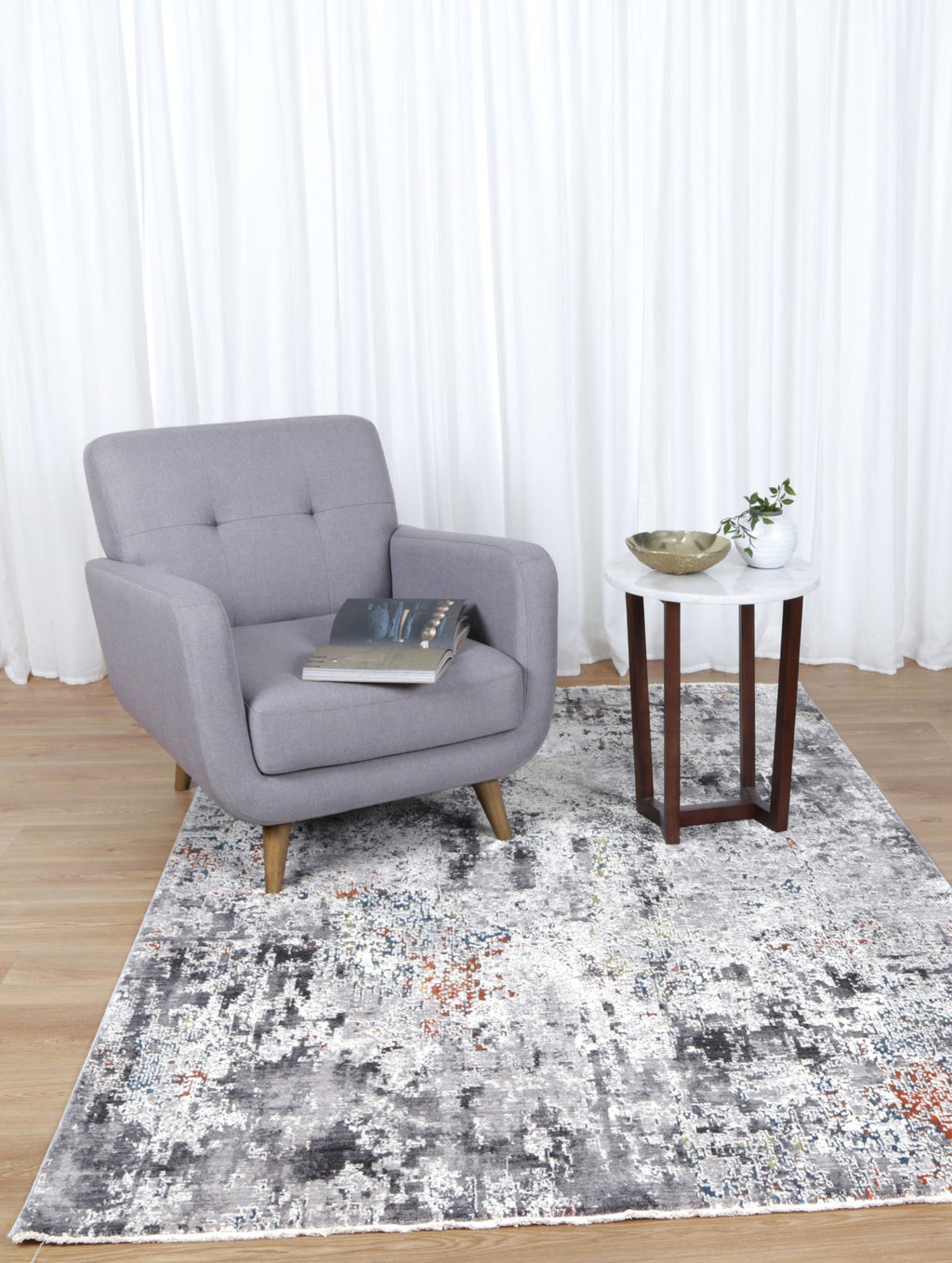 Almeras E0046-110 Grey Multicolour Watercolour Rug styled with furniture