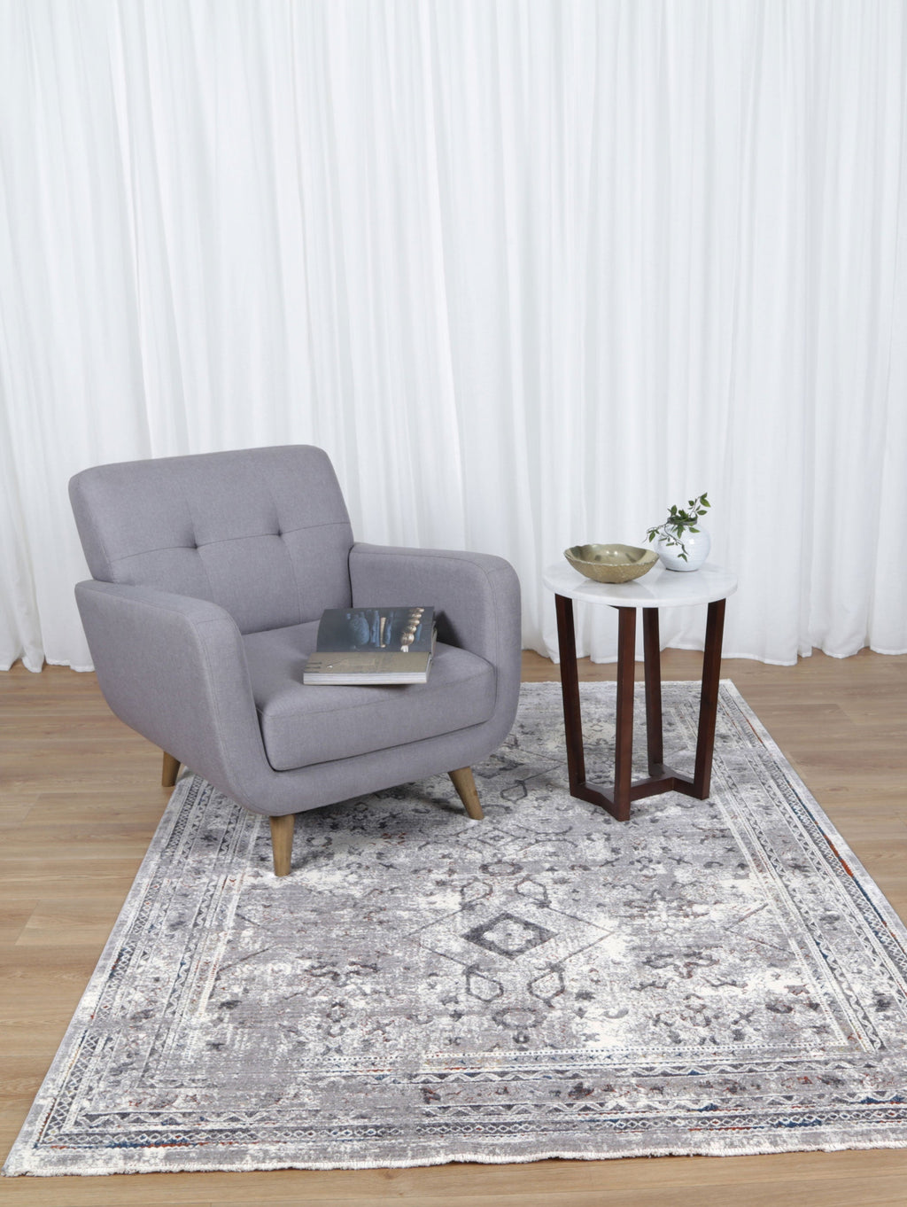 Almeras E0047-110 Grey Multicolour Diamond Border Rug styled with furniture