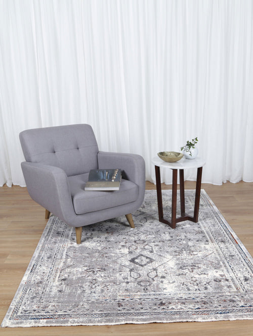 Almeras E0047-110 Grey Multicolour Diamond Border Rug styled with furniture