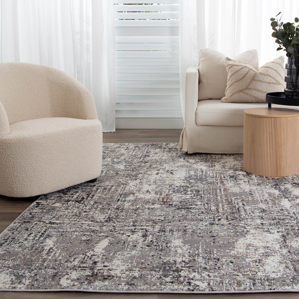 Expressions EX01 Grey Abstract Rug styled with furniture