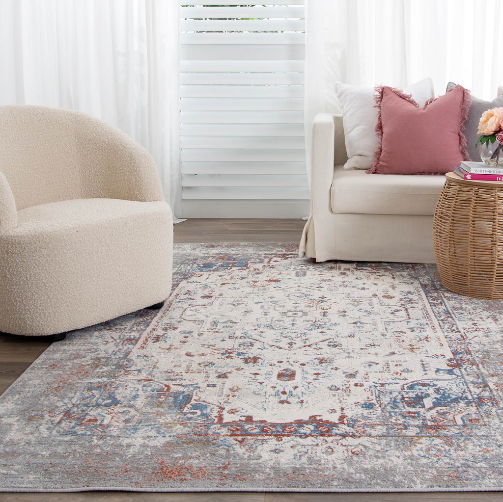 Expressions EX03 Grey Multi Medallion Rug styled with furniture