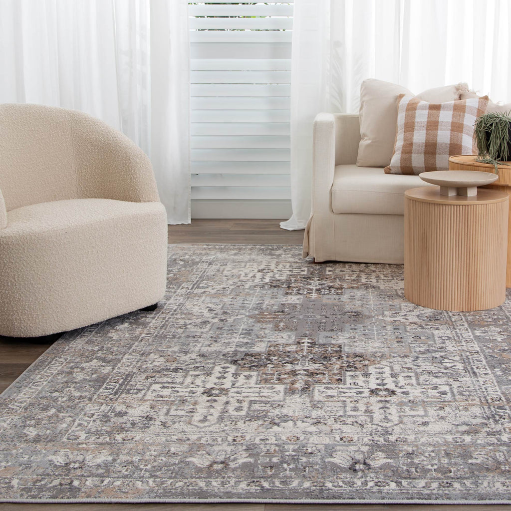 Expressions EX04 Grey Oriental Rug styled with furniture