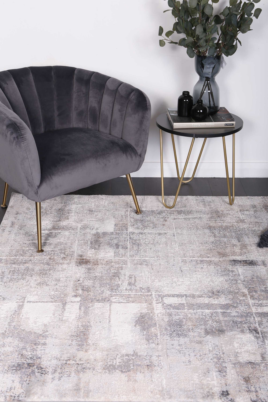 Expressions EX07 beige and grey abstract rug styled with furniture