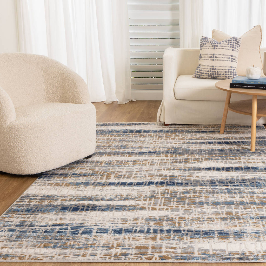 Expressions EX15 White Dark Blue Linear Rug styled with furniture