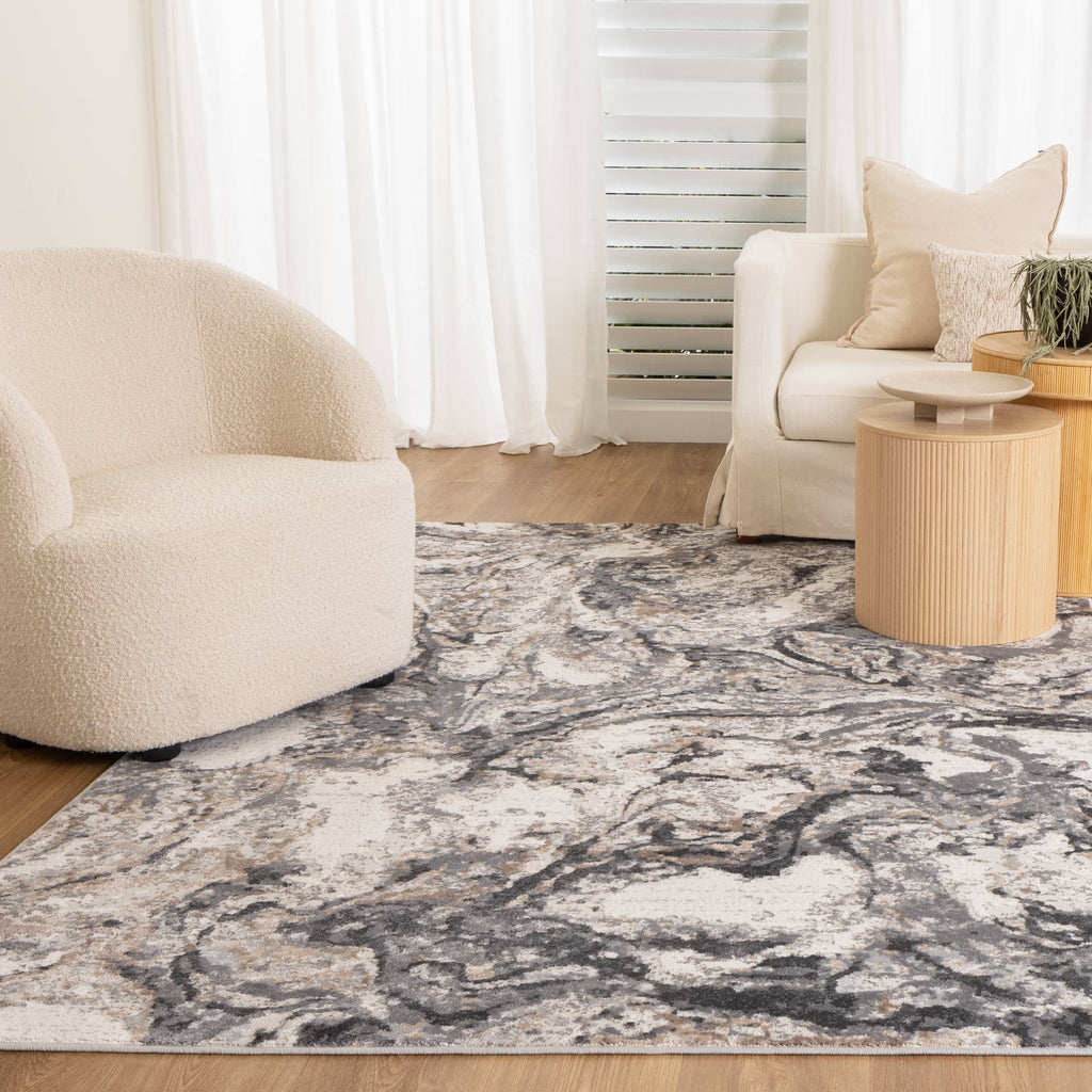 Expressions EX16 White Dark Grey Abstract Rug styled with furniture