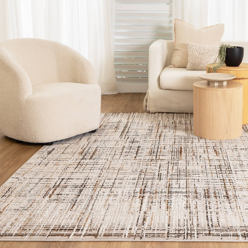 Expressions EX17 White Brown Linear Rug styled with furniture
