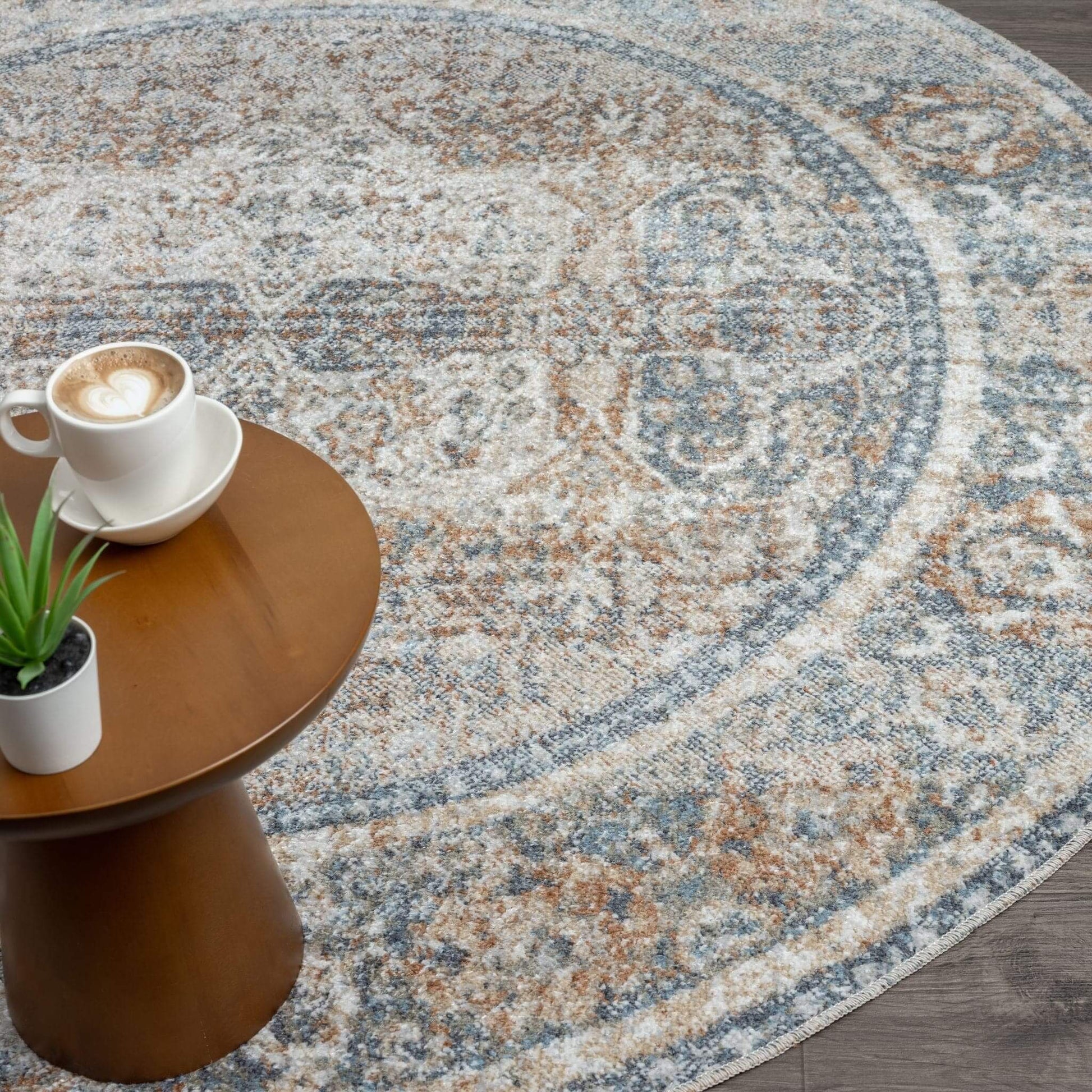 Easy Machine Washable 364 Coral Round-This easy-care and washable collection is made from polyester fibres power loomed into a durable polypropylene base. The transitional designs used in this range are a modern take on timeless traditional rug patterns,
