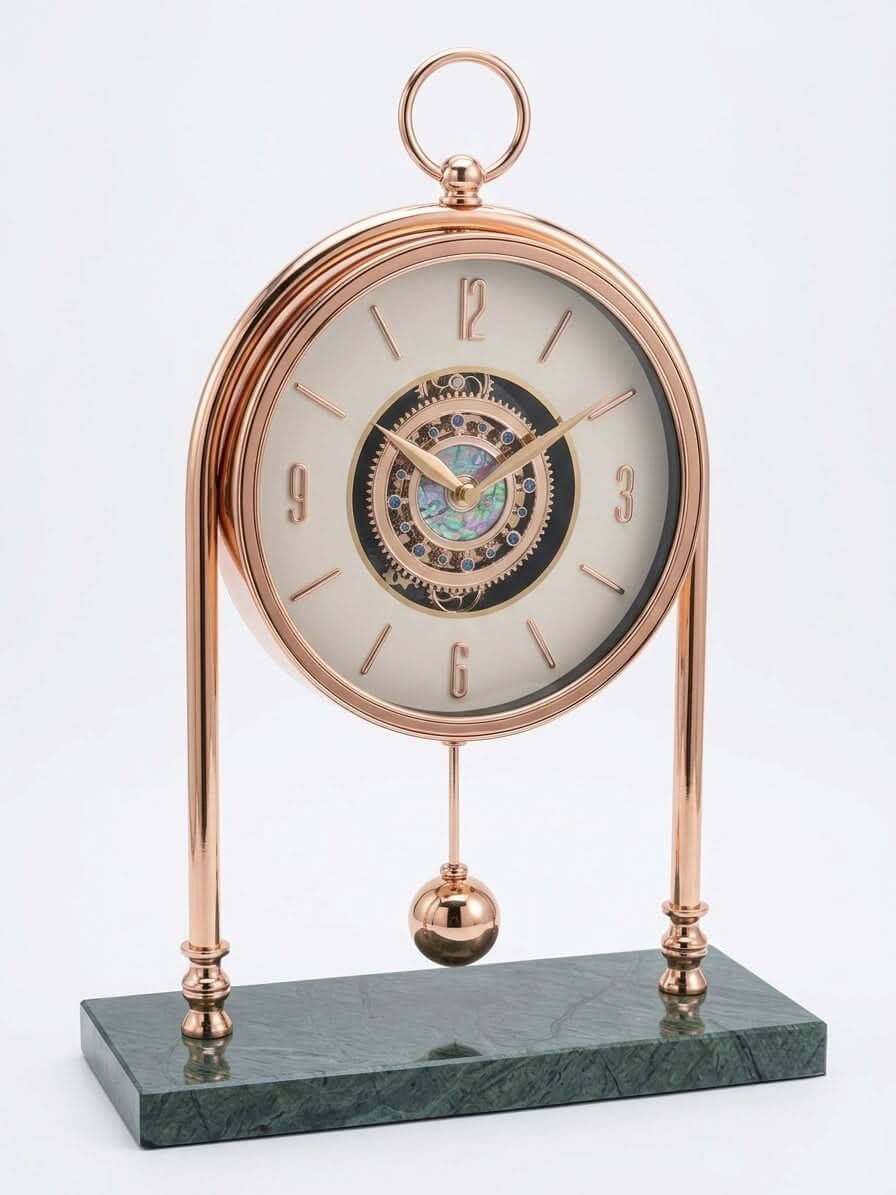 Elegance rose gold marble table clock with skeleton dial and green marble base design.