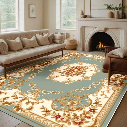 Elegant Floral Accent Rug – Classic Green & Cream Design-Elevate your home décor with the Elegant Floral Accent Rug. Affordable, stylish, and versatile with floral design in green, cream, and gold tones. Shop now!-Bazaar G Rugs N Gifts