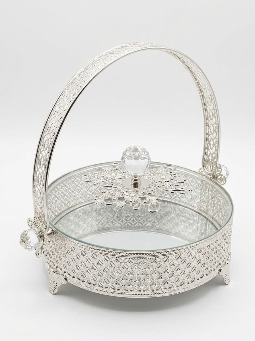 Elegant silver mirrored serving basket with crystal lid, perfect for enhancing your table setting.