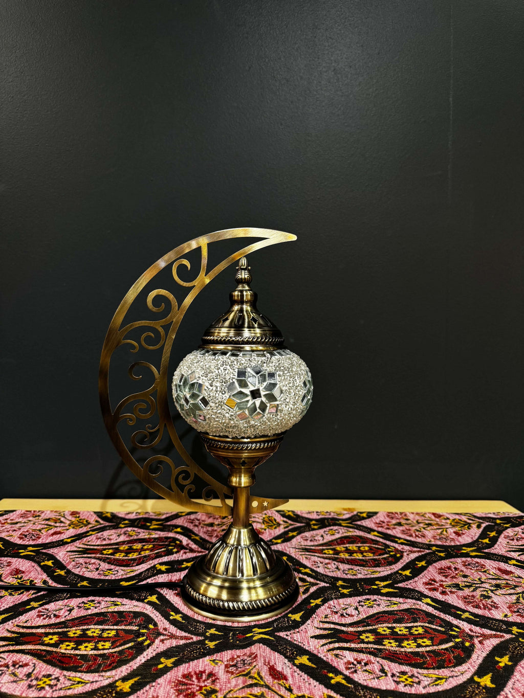 Ivory Elegance Turkish Mosaic Lamp - Crescent Moon Design