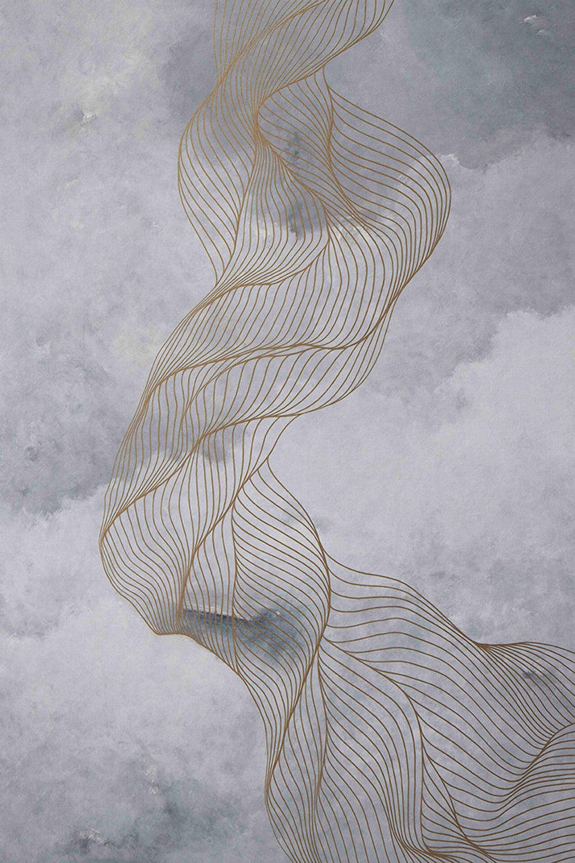 Turkish Rug Abstract Wave Line 160x230cm Modern Grey and Gold Flowing Lines