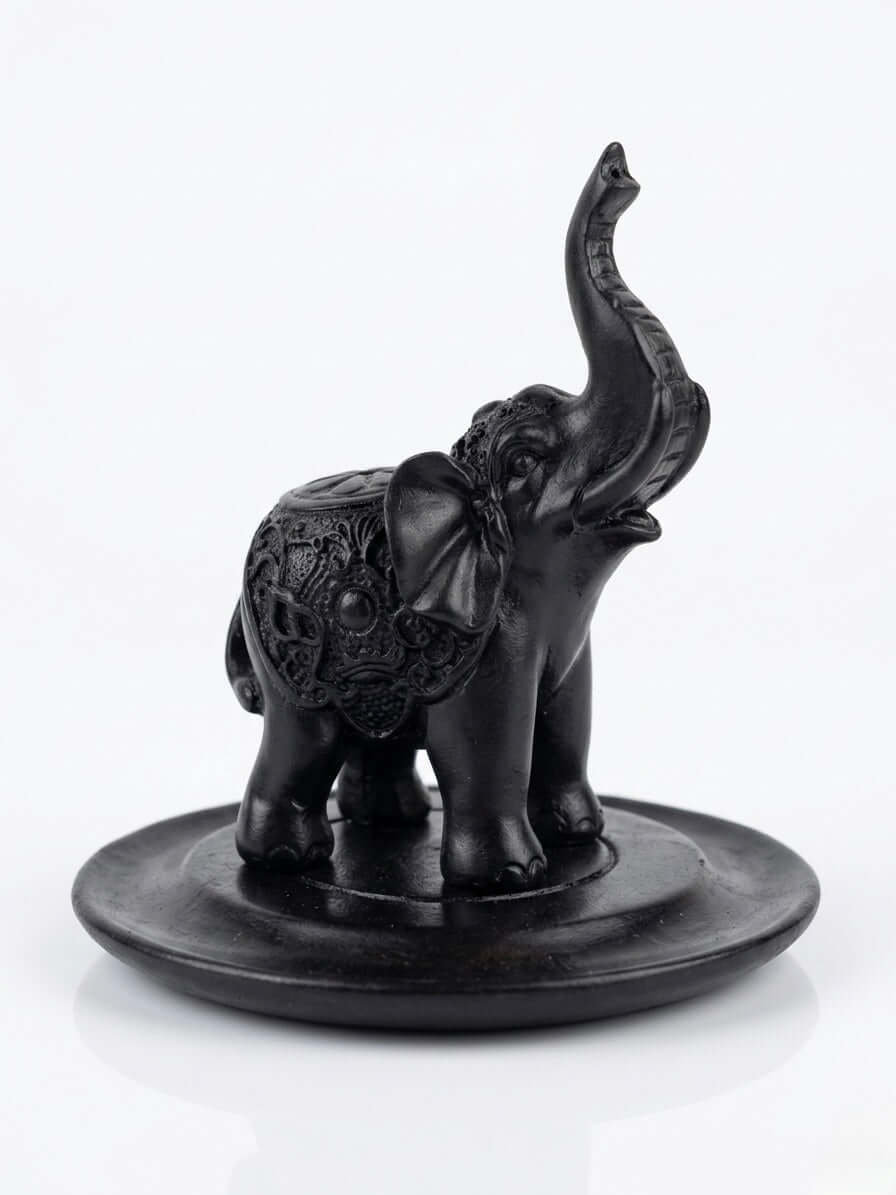 Black Elephant Incense Stick Holder – 10cm Round Base with detailed design and raised trunk.