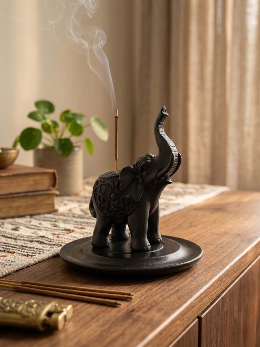 Black Elephant Incense Stick Holder with smoke rising, on a wooden table with decor