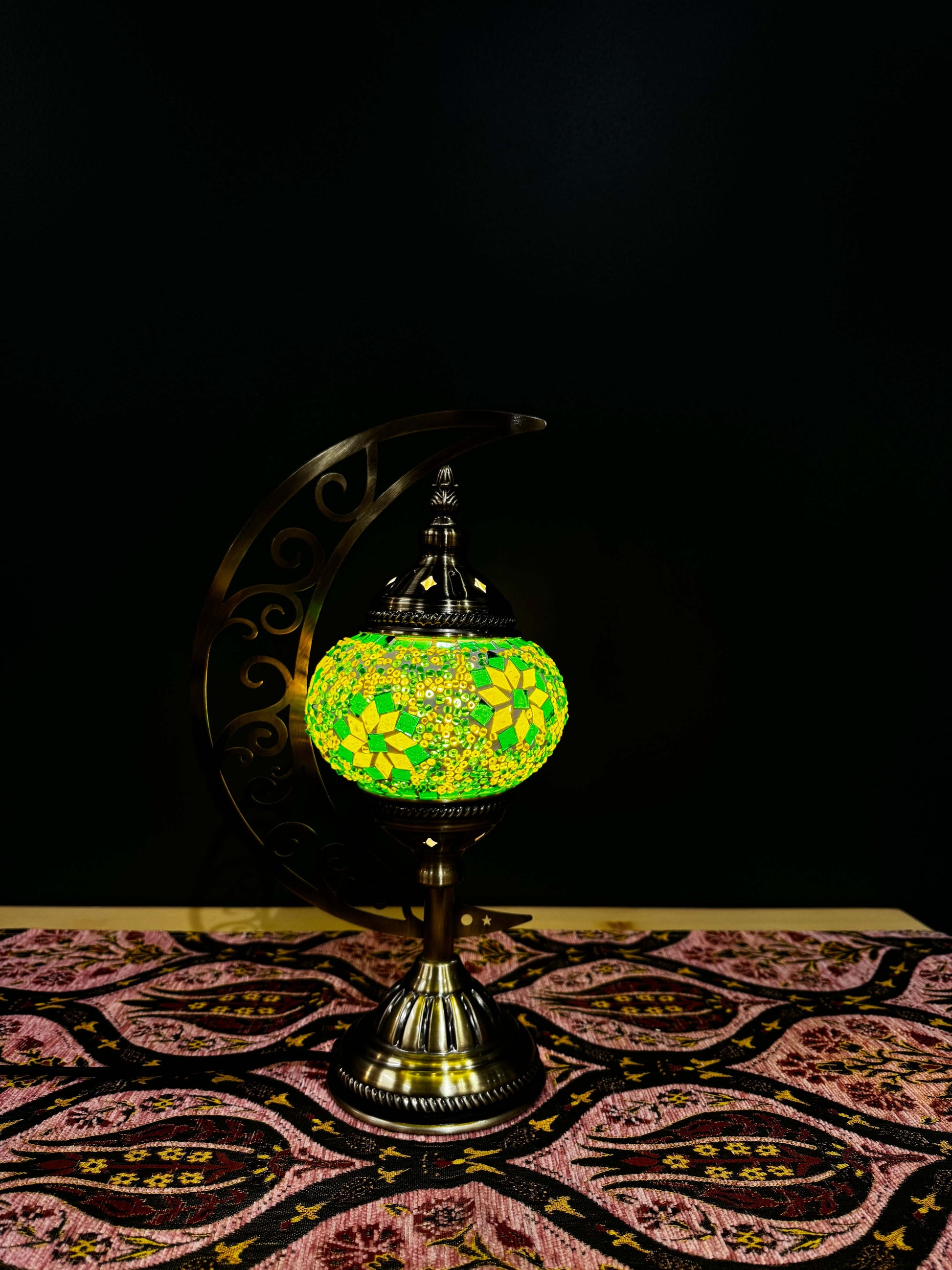 Emerald Glow Turkish Mosaic Lamp - Crescent Moon Design-Shop the Emerald Glow Turkish Mosaic Lamp! Features vibrant green and yellow floral mosaic design with a crescent moon stand. Includes LED bulb.-Bazaar G Rugs N Gifts