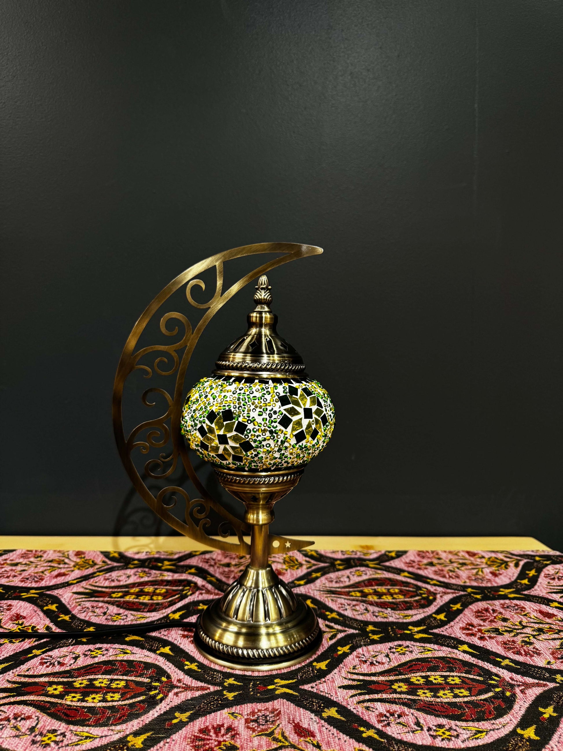 Emerald Glow Turkish Mosaic Lamp - Crescent Moon Design-Shop the Emerald Glow Turkish Mosaic Lamp! Features vibrant green and yellow floral mosaic design with a crescent moon stand. Includes LED bulb.-Bazaar G Rugs N Gifts