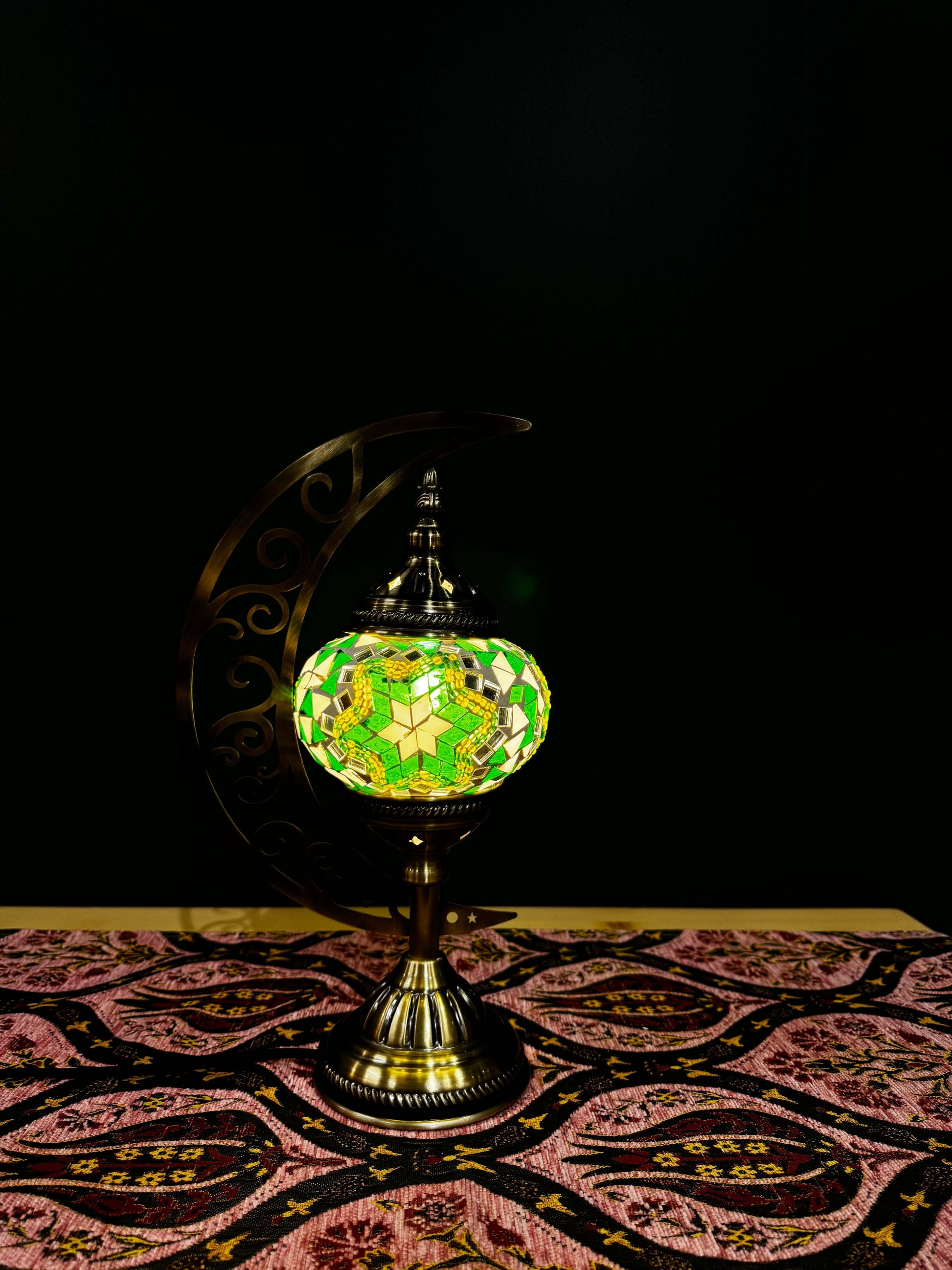 Emerald Star Turkish Mosaic Lamp - Crescent Moon Design-Shop the Emerald Star Turkish Mosaic Lamp! Features emerald green, gold, and white star mosaic design with a crescent moon stand. Includes LED bulb.-Bazaar G Rugs N Gifts