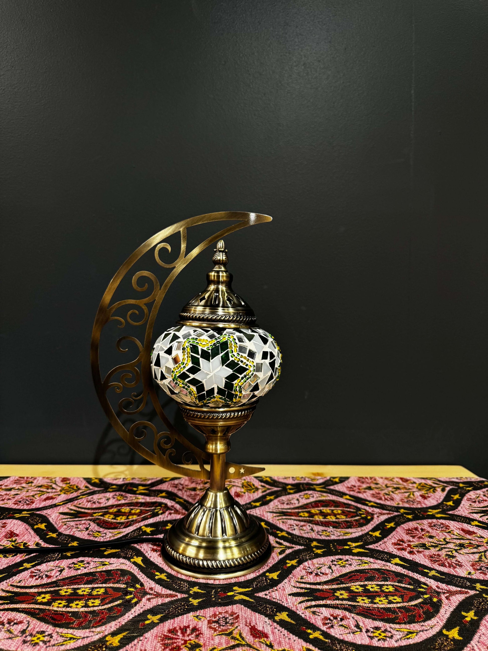 Emerald Star Turkish Mosaic Lamp - Crescent Moon Design-Shop the Emerald Star Turkish Mosaic Lamp! Features emerald green, gold, and white star mosaic design with a crescent moon stand. Includes LED bulb.-Bazaar G Rugs N Gifts