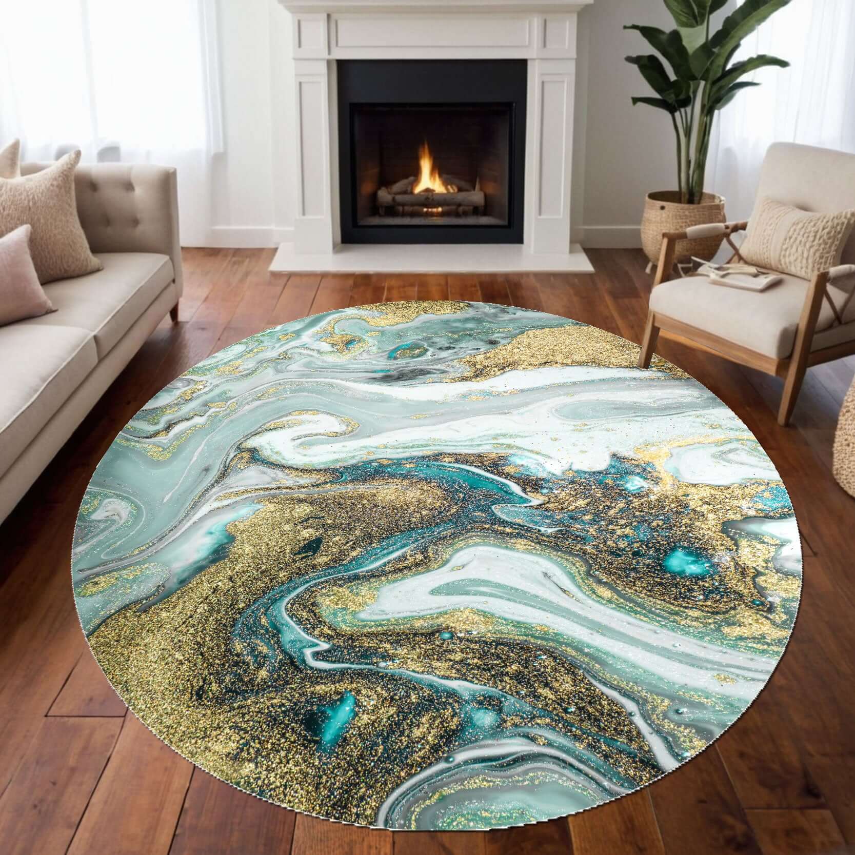 Emerald Waves Rug – Teal and Gold Abstract Design