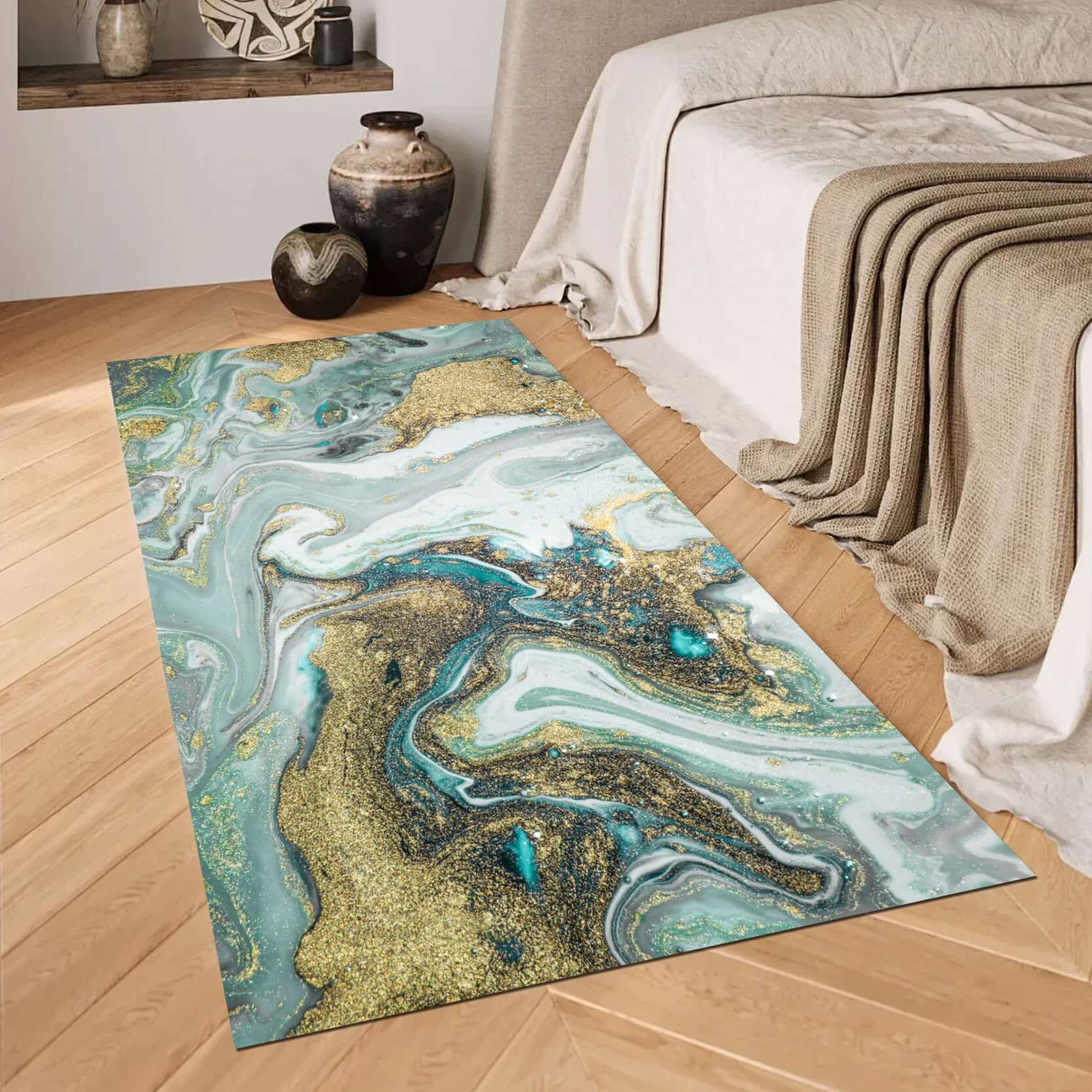 Emerald Waves Rug – Teal and Gold Abstract Design