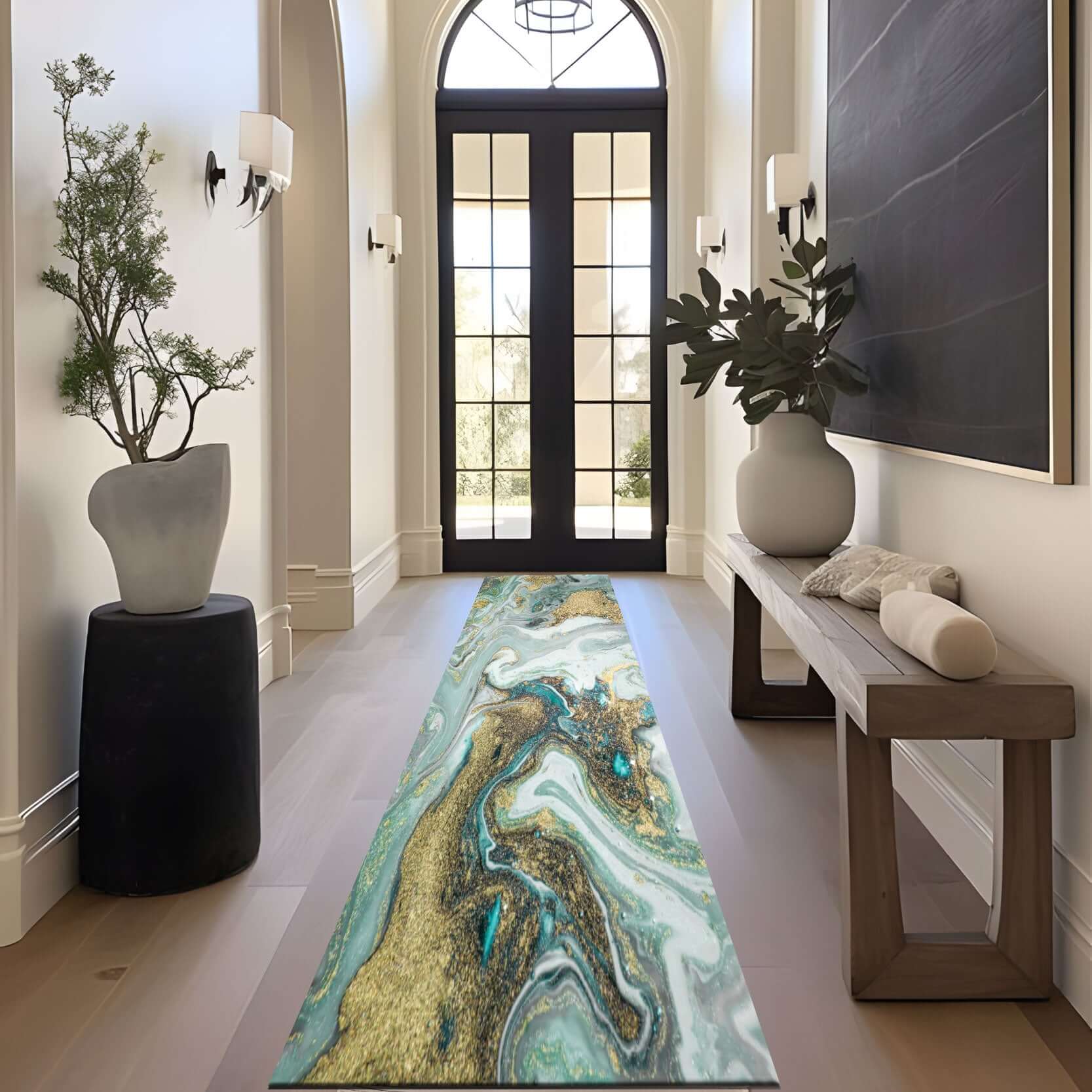 Emerald Waves Rug – Teal and Gold Abstract Design