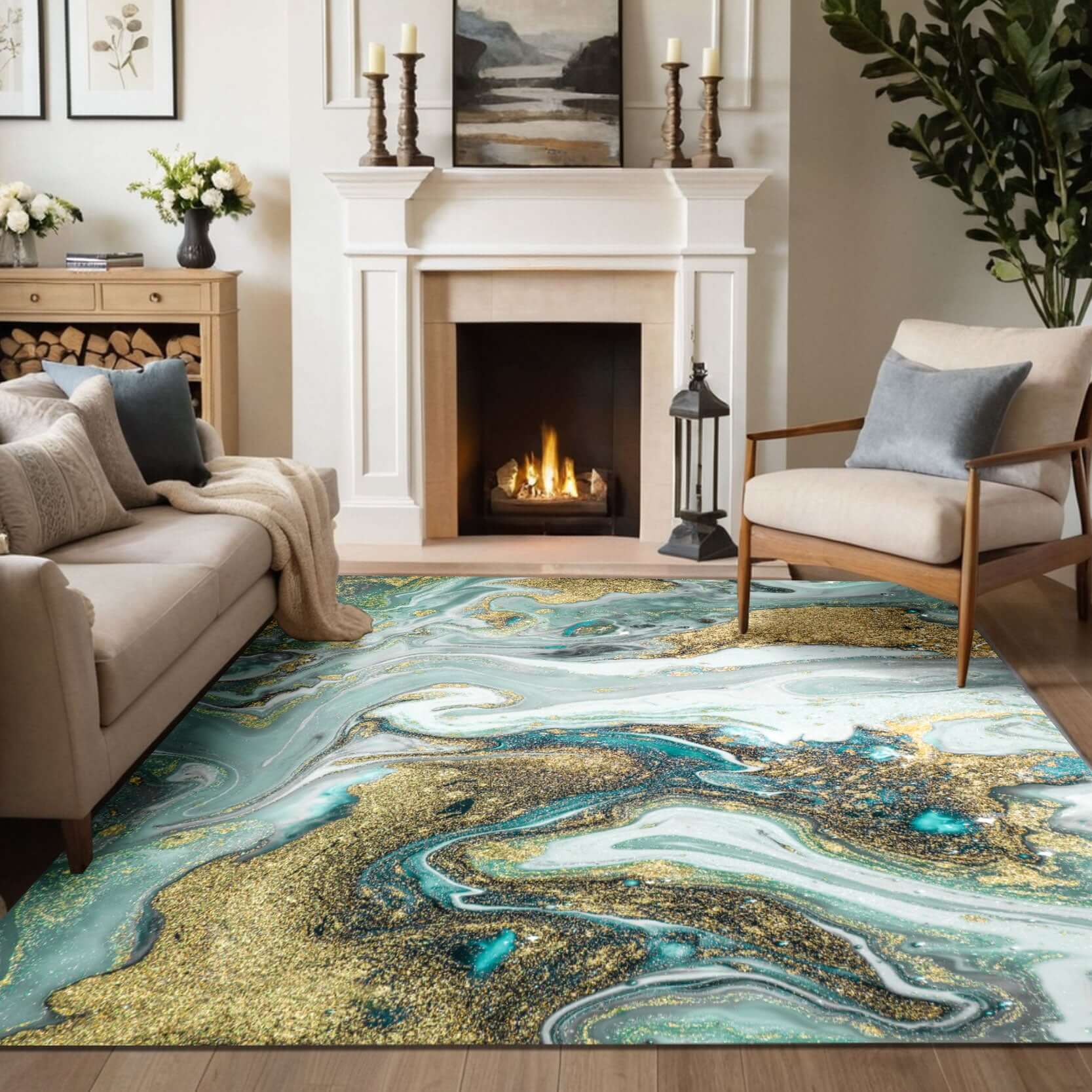 Emerald Waves Rug – Teal and Gold Abstract Design