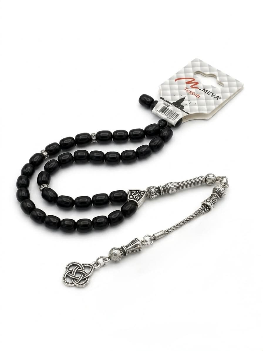Black Prayer Beads: 25cm Silver Tassel