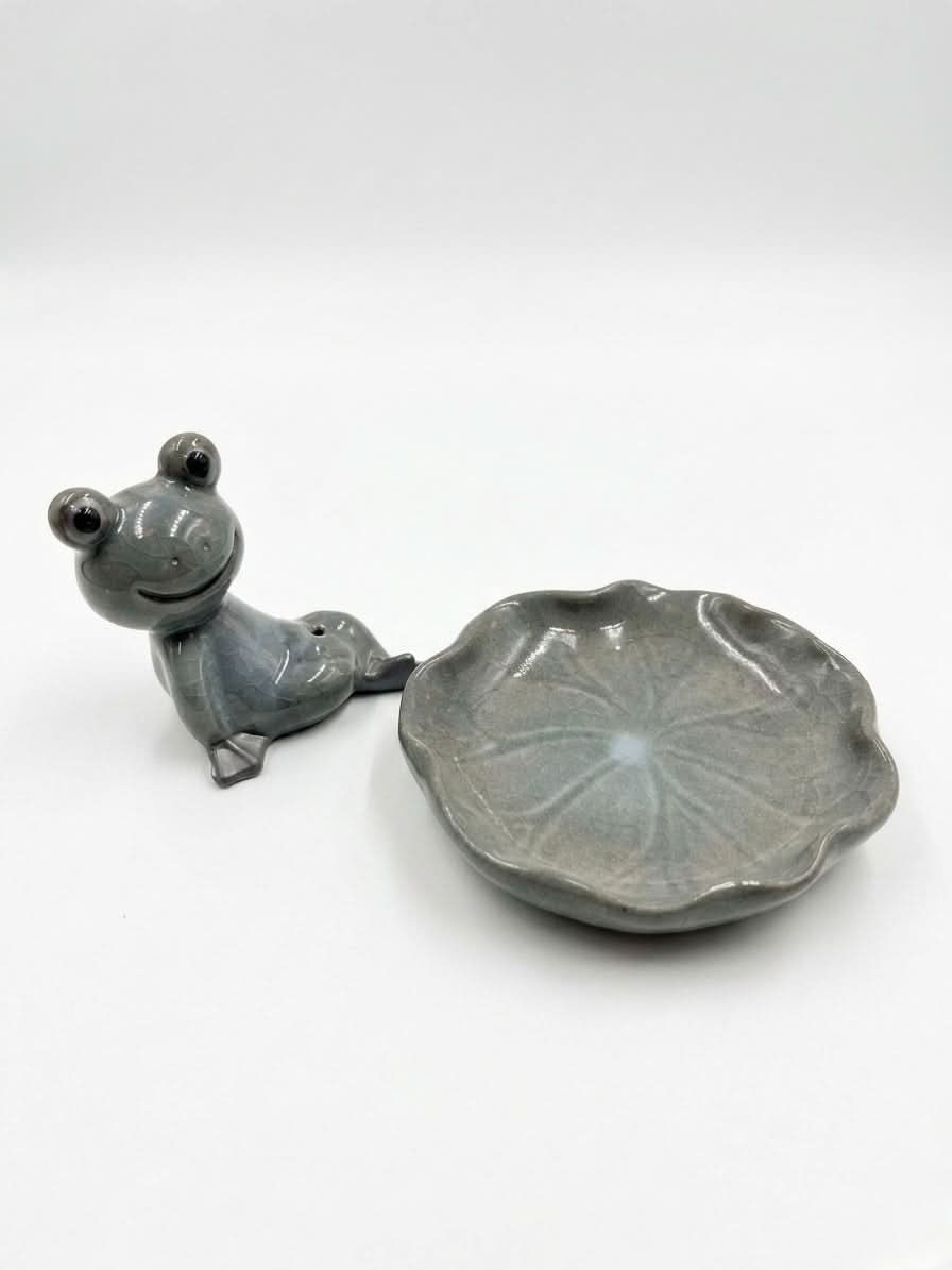 Grey Frog Incense Stick Holder with Bowl featuring a cute grey frog and a flower-shaped bowl for incense.