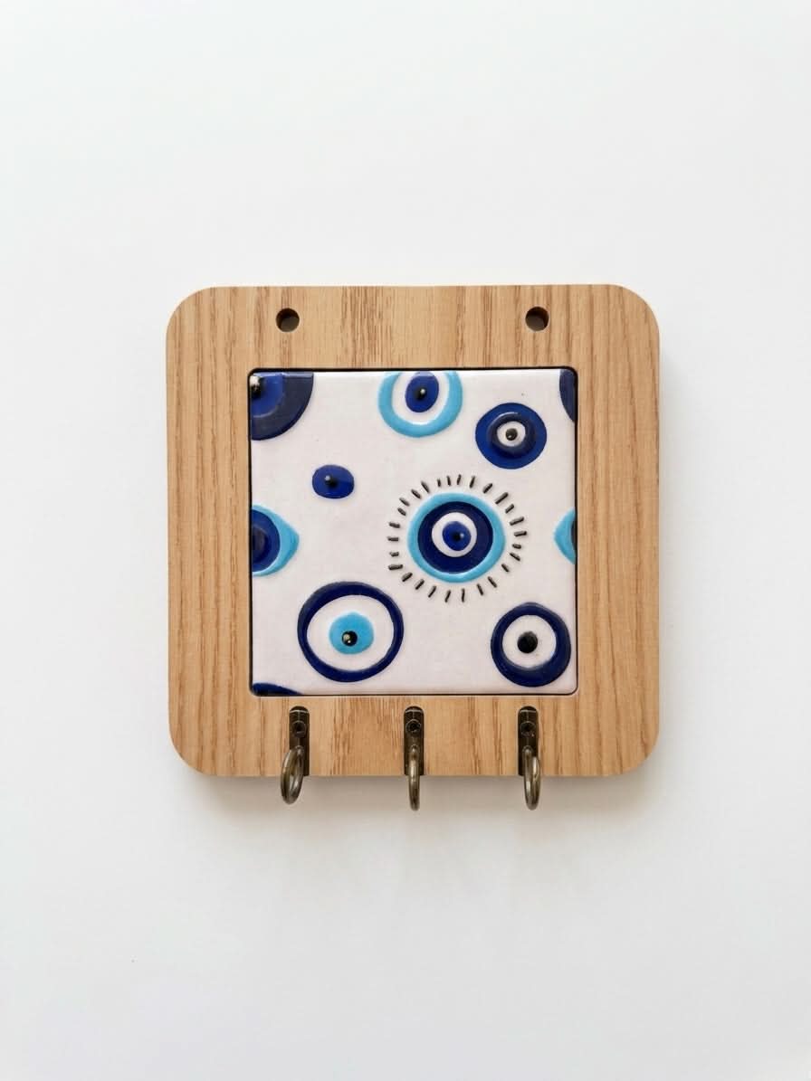 Evil Eye Key Holder: 15x15cm wooden rack with decorative ceramic tile and hooks for keys.