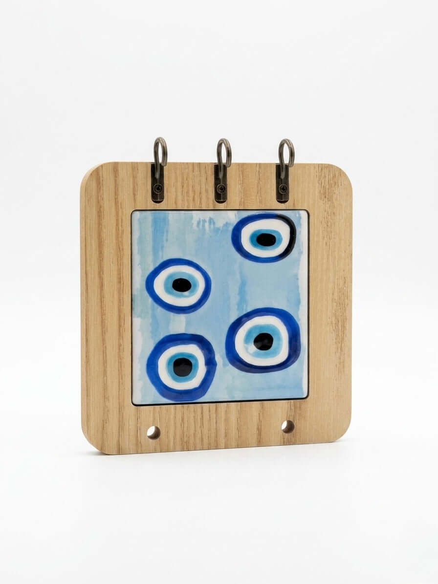Evil Eye Key Holder: 15x15cm wooden rack with blue eye design for organizing keys and adding decor.