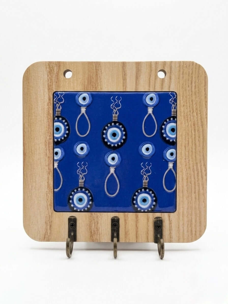 Evil Eye Key Holder with blue evil eye designs and wooden rack, 15x15cm size for organization.