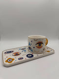 Evil Eye Mug with Tray Set – Turkish Coffee & Tea Cup with Golden Handle