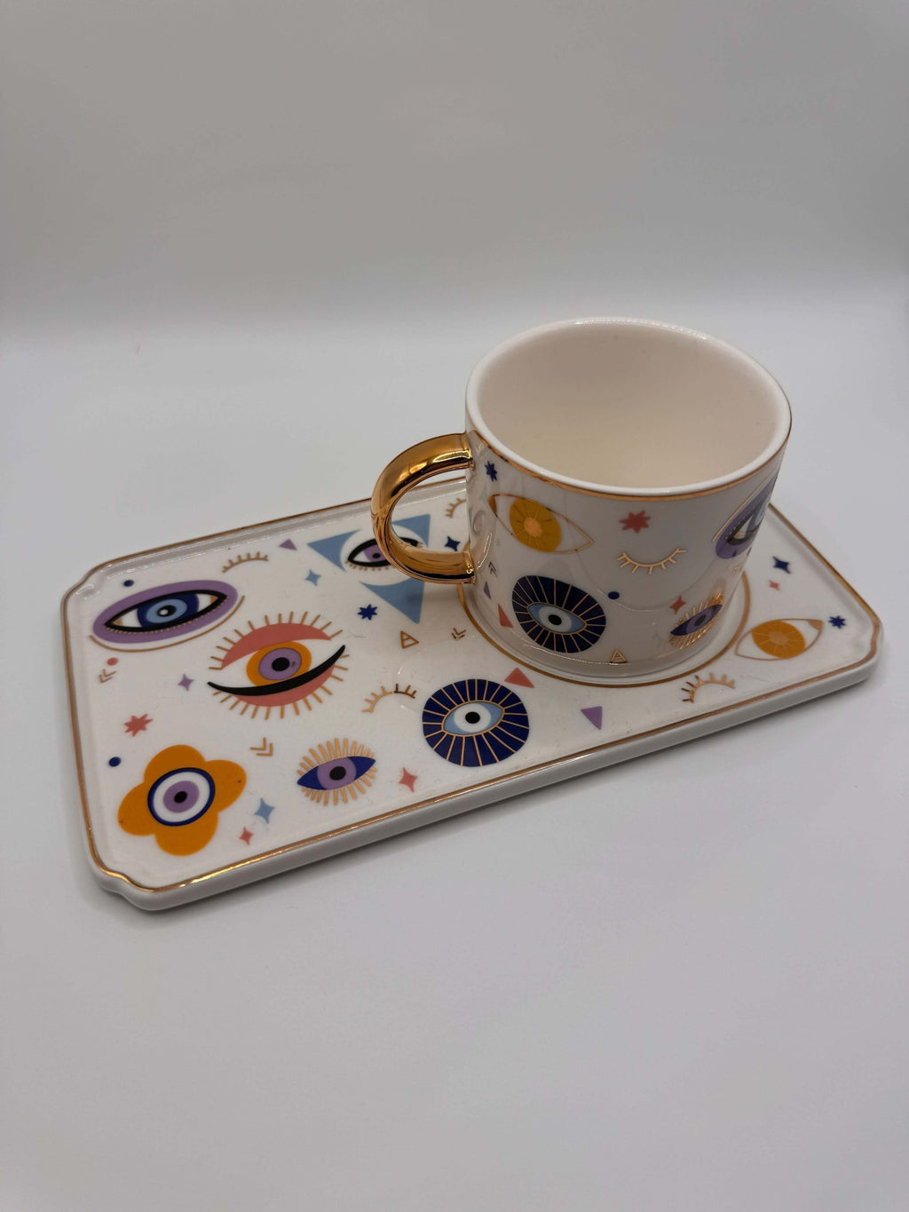 Evil Eye Mug with Tray Set – Turkish Coffee & Tea Cup with Golden Handle
