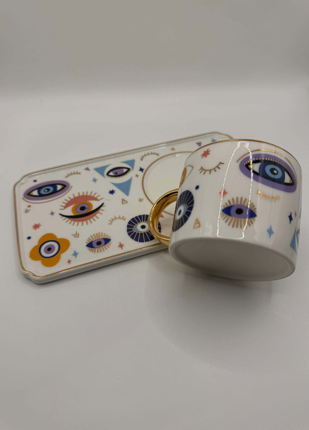 Evil Eye Mug with Tray Set – Turkish Coffee & Tea Cup with Golden Handle