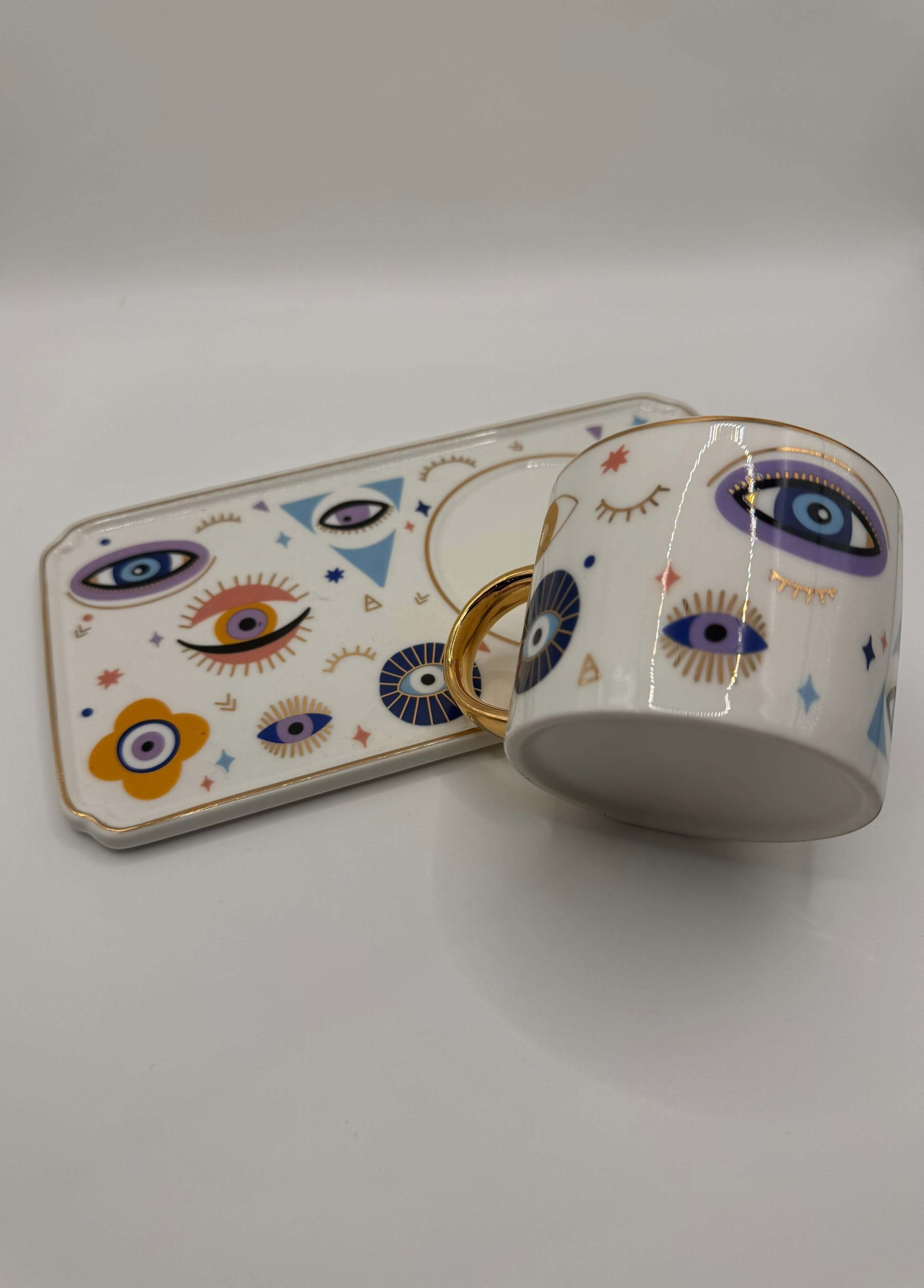 Evil Eye Mug with Tray Set – Turkish Coffee & Tea Cup with Golden Handle