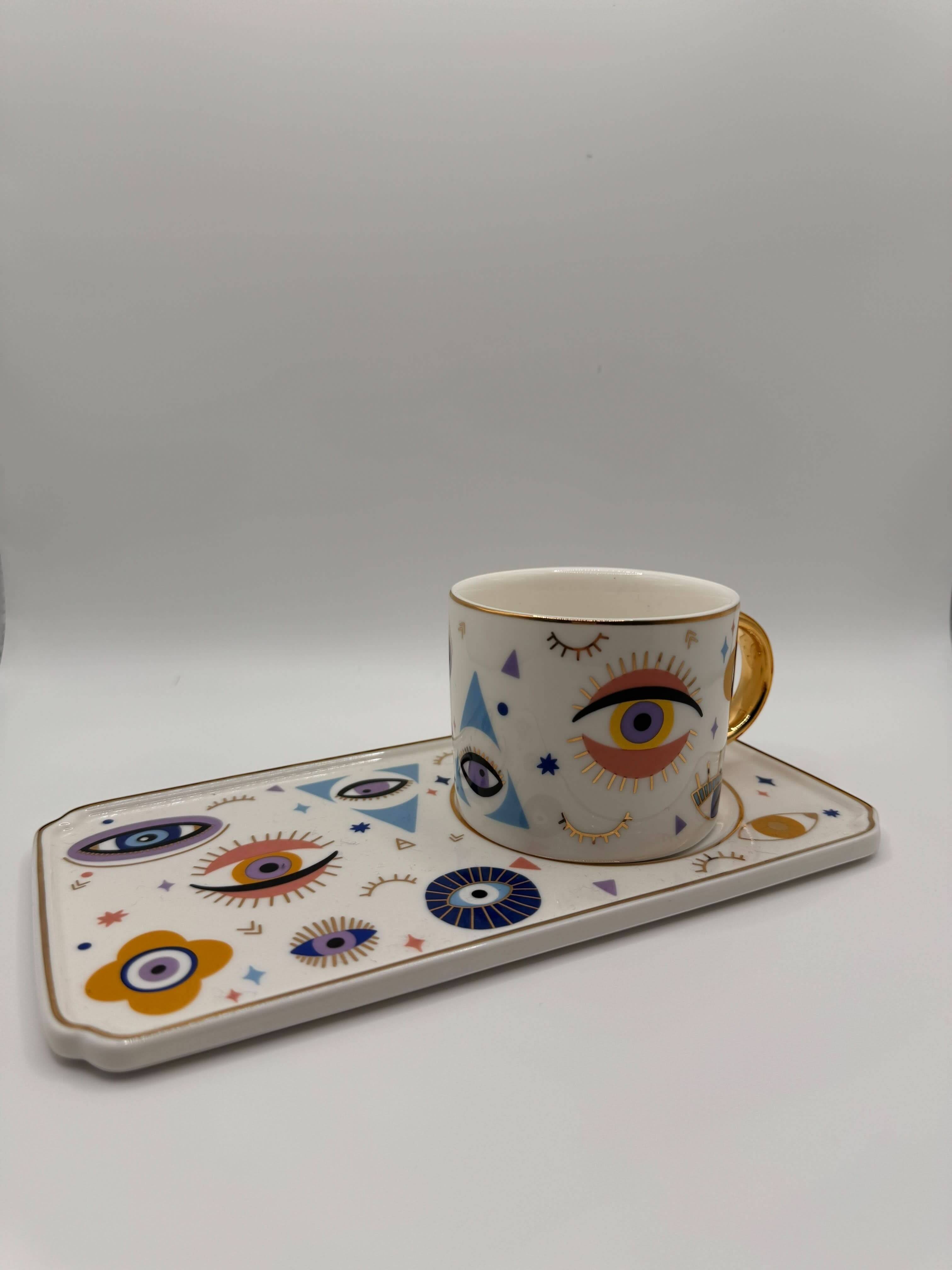 Evil Eye Mug with Tray Set – Turkish Coffee & Tea Cup with Golden Handle