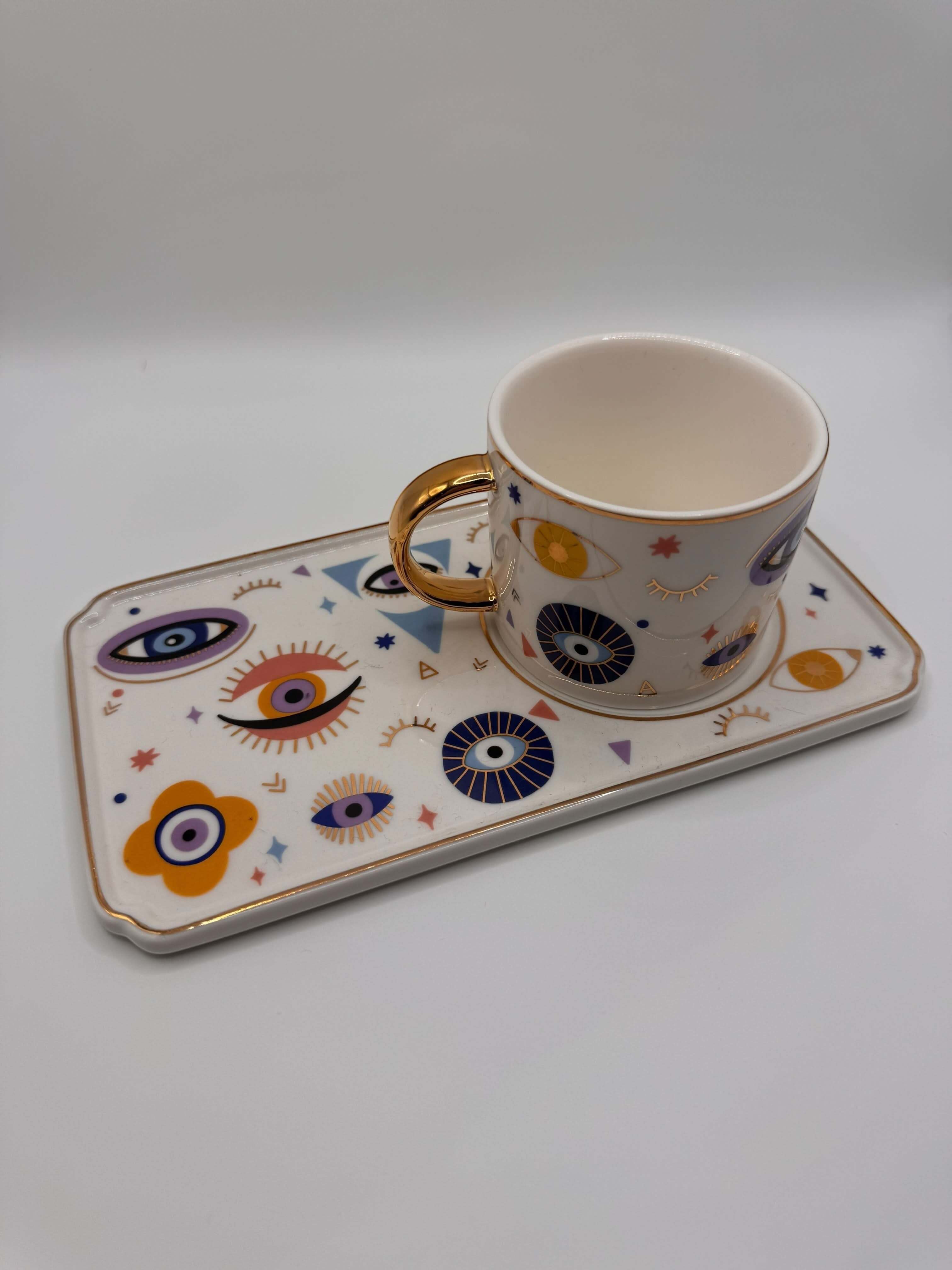 Evil Eye Mug with Tray Set – Turkish Coffee & Tea Cup with Golden Handle