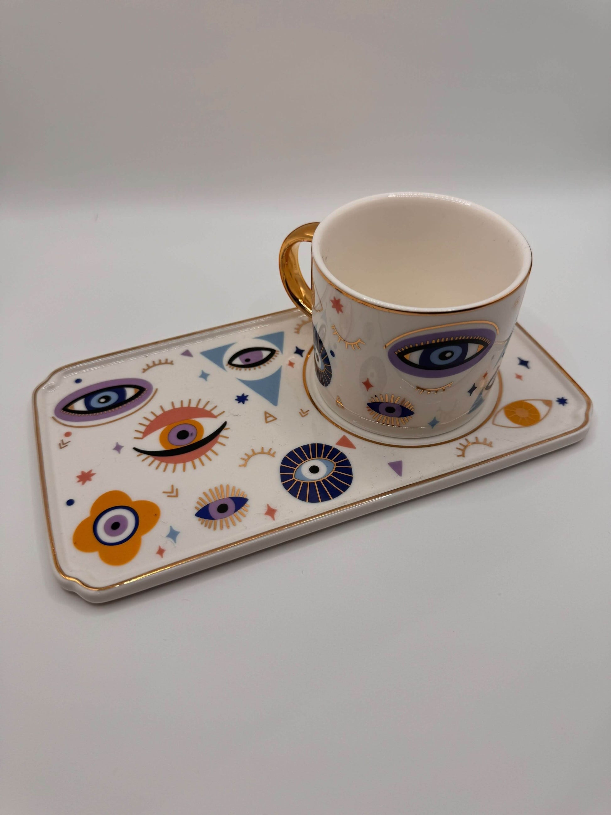 Evil Eye Mug with Tray Set – Turkish Coffee & Tea Cup with Golden Handle