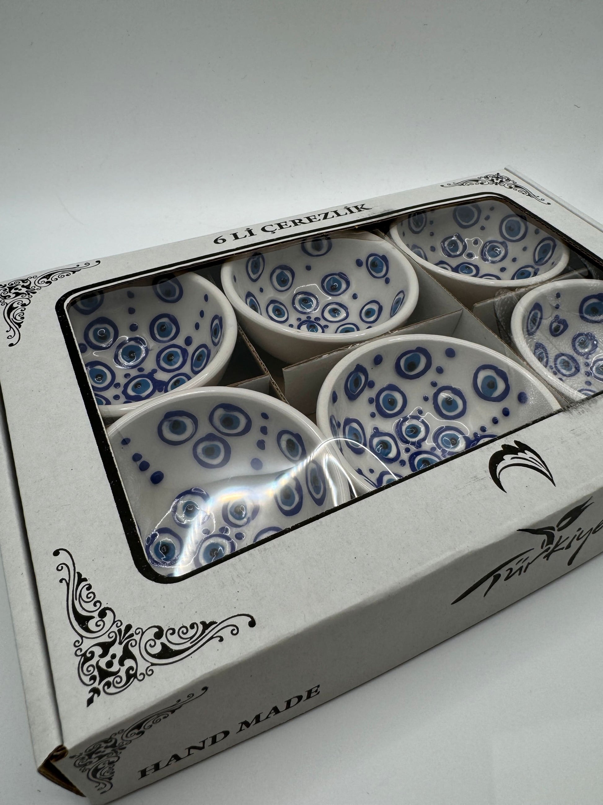 Evil Eye Turkish Ceramic Mini Bowls in a gift box, showcasing 6 pieces with blue Nazar design on white glaze.