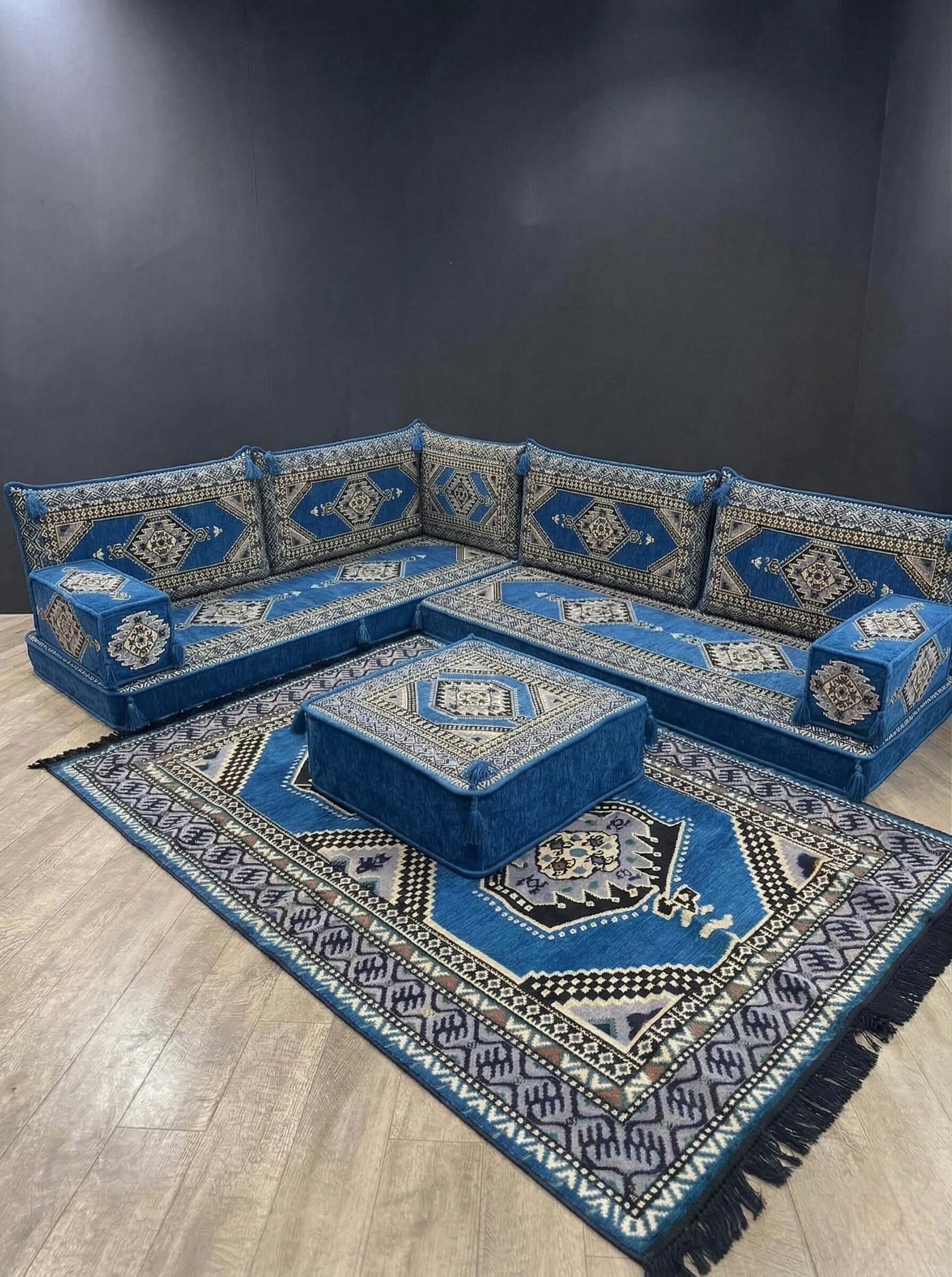 Blue Palace L-Shape Full Set featuring Arabian Majlis seating with intricate blue and gold patterns.