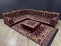 Maroon Diamond L-Shape Full Set featuring Arabian Majlis seating with intricate patterns on cushions and rug.