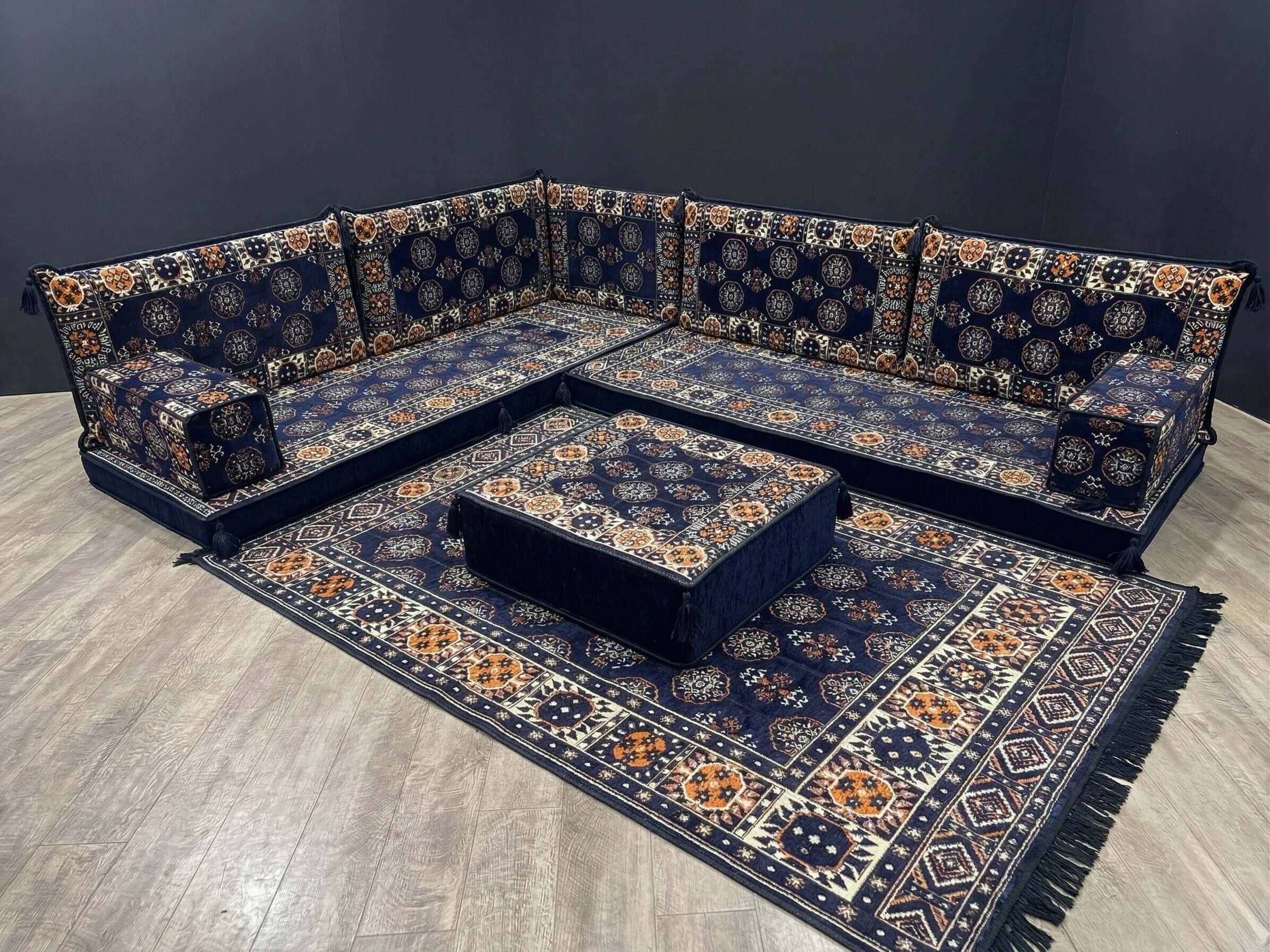 Navy Diamond L-Shape Full Set with Arabian Majlis seating and patterned upholstery on wooden floor.