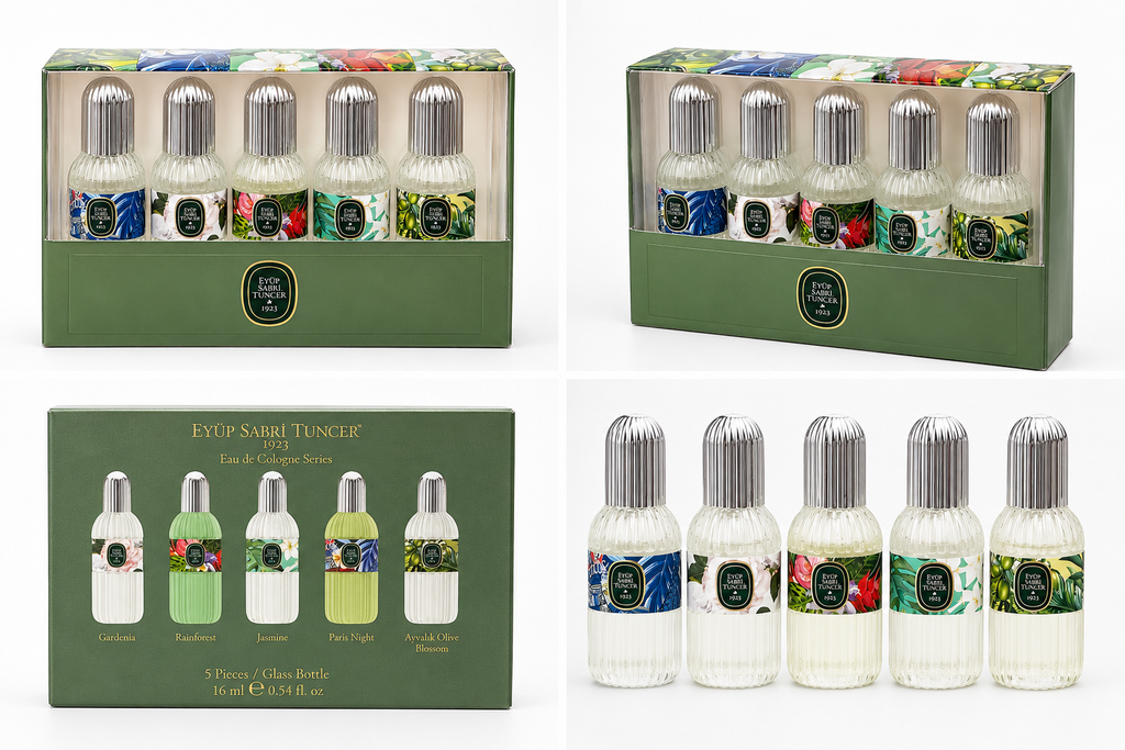 Eyüp Sabri Tuncer Eau de Cologne Gift Set featuring 5 unique 16ml bottles in a premium box.