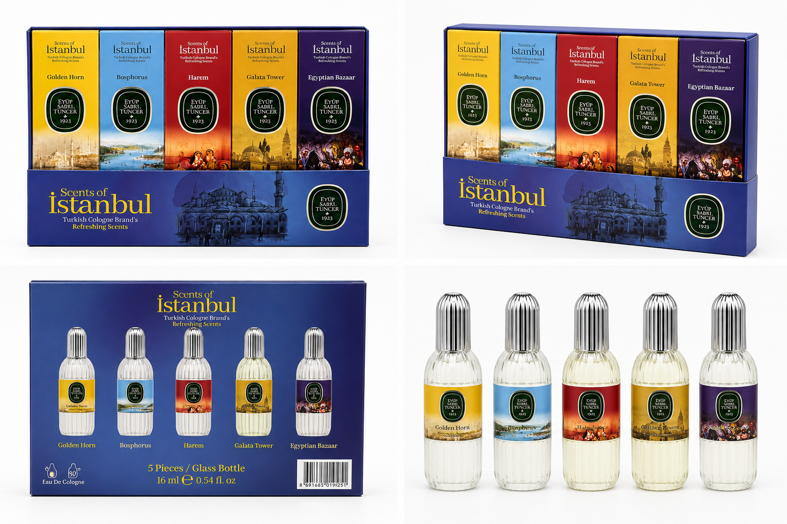 Eyüp Sabri Tuncer Scents of Istanbul Eau de Cologne Gift Set featuring five 16ml bottles in elegant packaging.