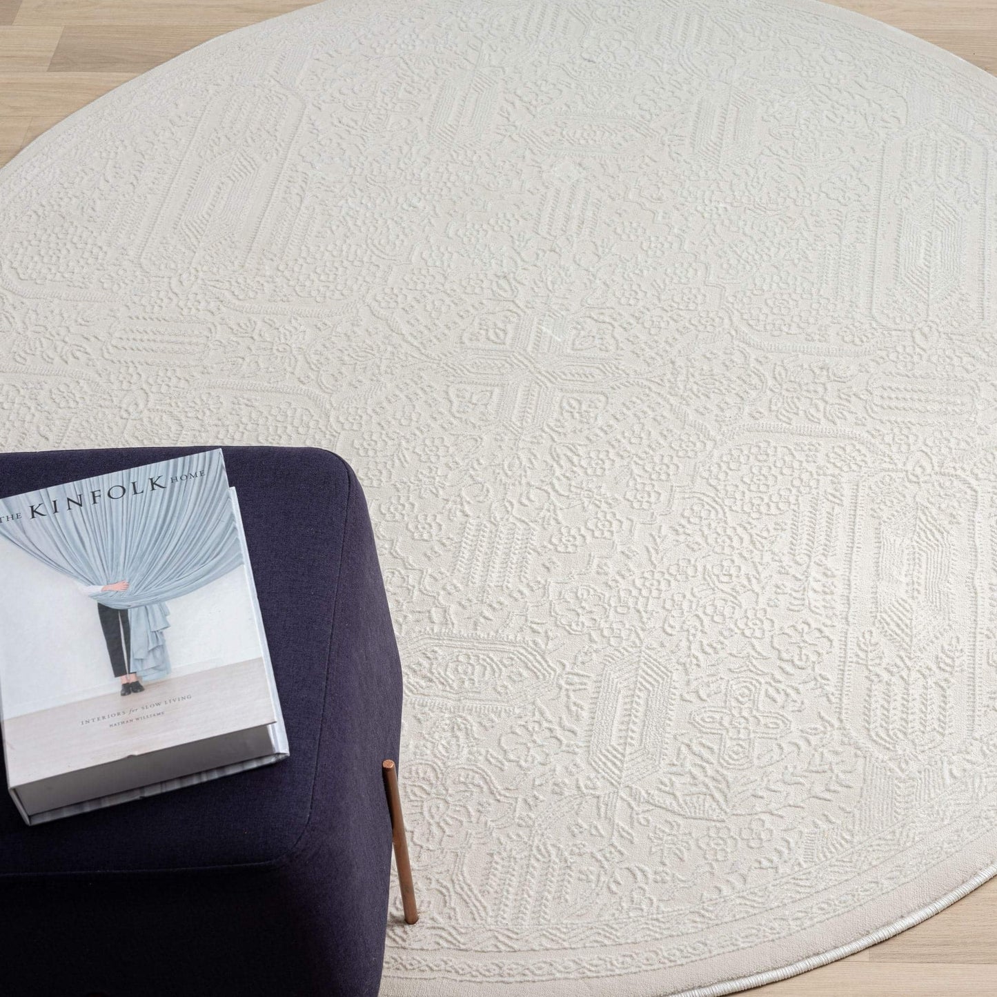 Fable 471 Ivory Round-This serene collection, with its muted tones and patterns, brings harmony and luxury to your floors while being restful for the eyes. The highly decorative and beautifully textured pile is made from polyester and polypropylene, power