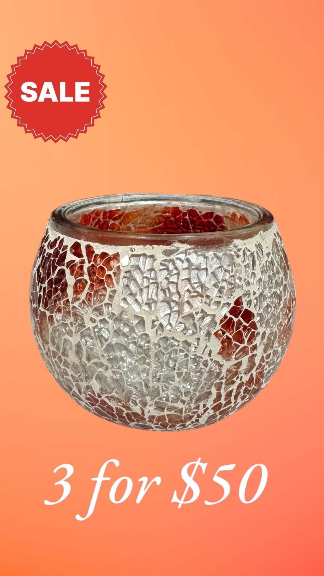 Fiery Frost Mosaic Candle Holder-Create a bold ambiance with the Fiery Frost Mosaic Candle Holder. Red and silver tones for a striking effect. Buy 3 for $50 now!-Bazaar G Rugs N Gifts