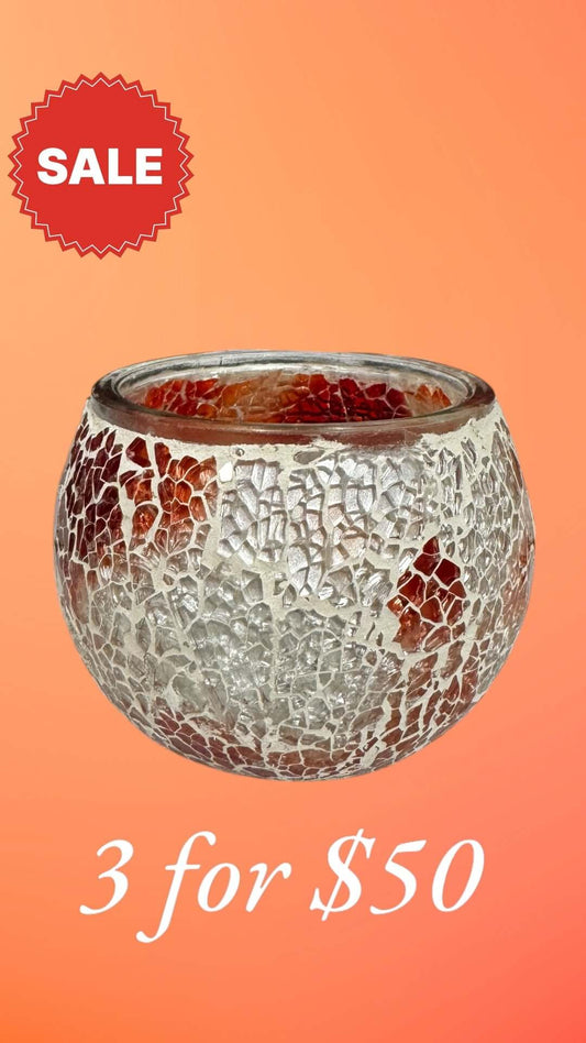 Fiery Frost Mosaic Candle Holder-Create a bold ambiance with the Fiery Frost Mosaic Candle Holder. Red and silver tones for a striking effect. Buy 3 for $50 now!-Bazaar G Rugs N Gifts